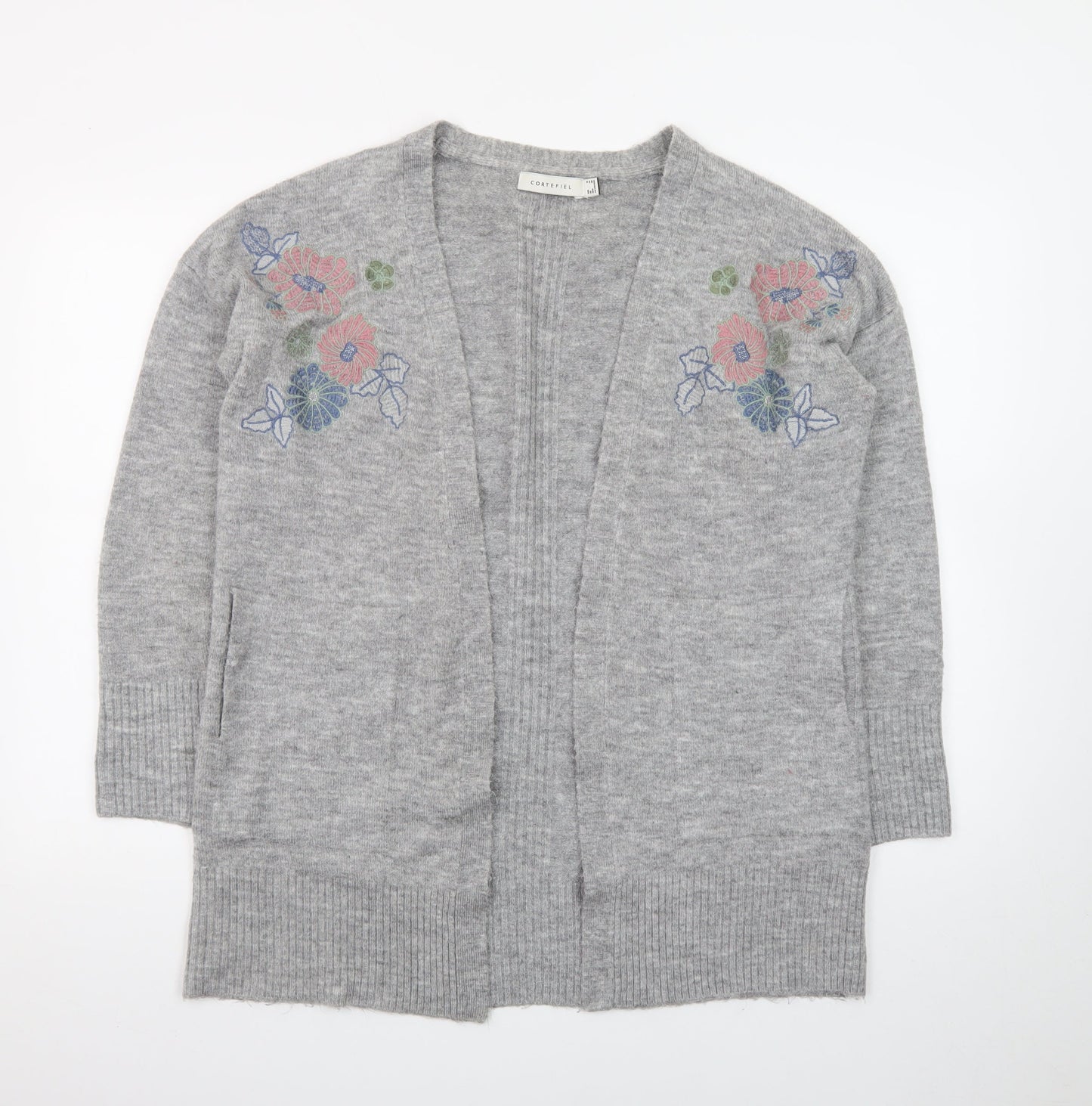 Cortefiel Women Grey Wool Blend Embroidered Cardigan Size 10