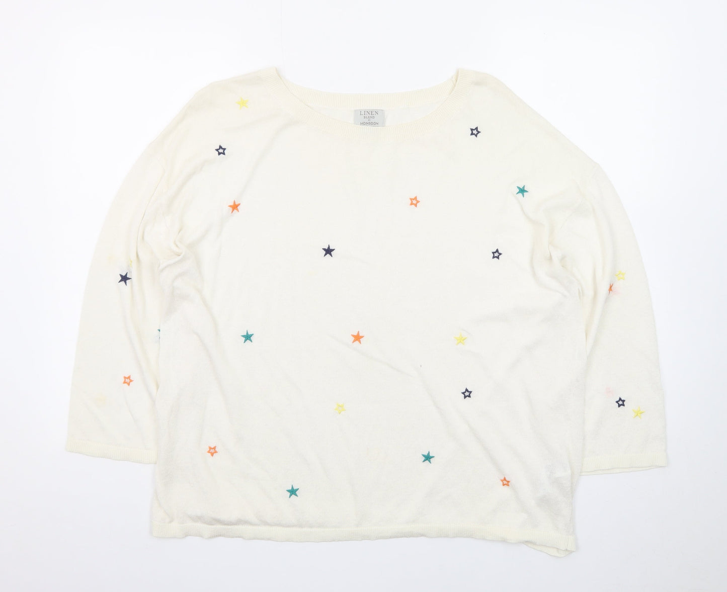 Monsoon Women Cream Linen Blend Star Embroidered Jumper L