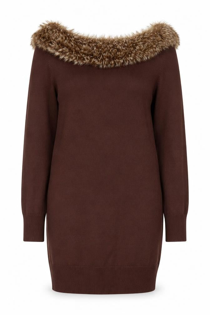 Melrose Women Brown Size 12 Fur Trim Knit Bodycon Dress