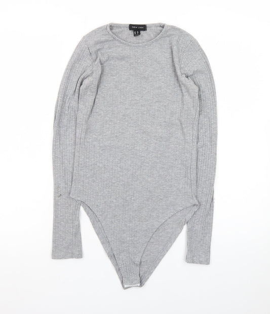 New Look Women's Grey Long Sleeve Ribbed Bodysuit Size 10