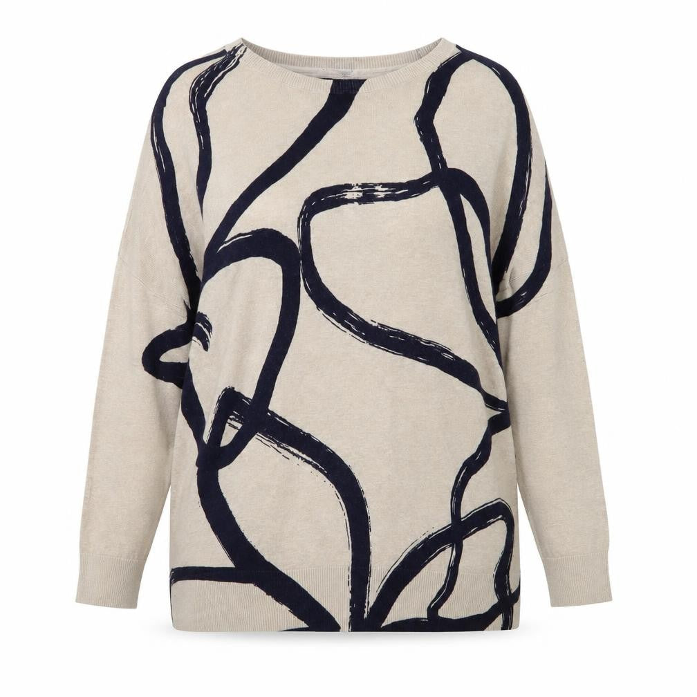 Phase Eight Women Beige Navy Abstract Linen Blend Pullover XS Jumper