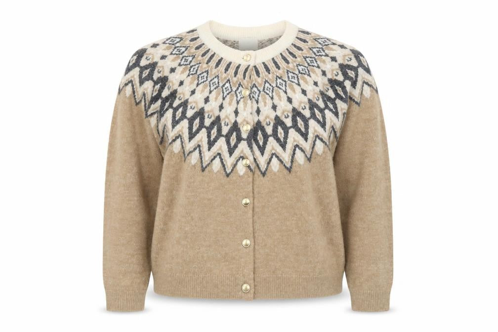 H&M Women Beige Geometric Knit Cardigan L Winter Wool Blend