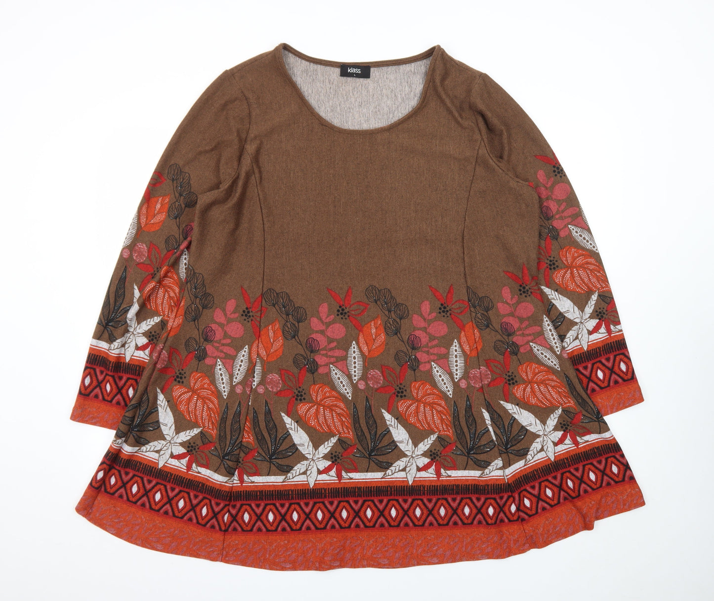Klass Women Brown Floral A-Line Knit Dress L Long Sleeve Autumn