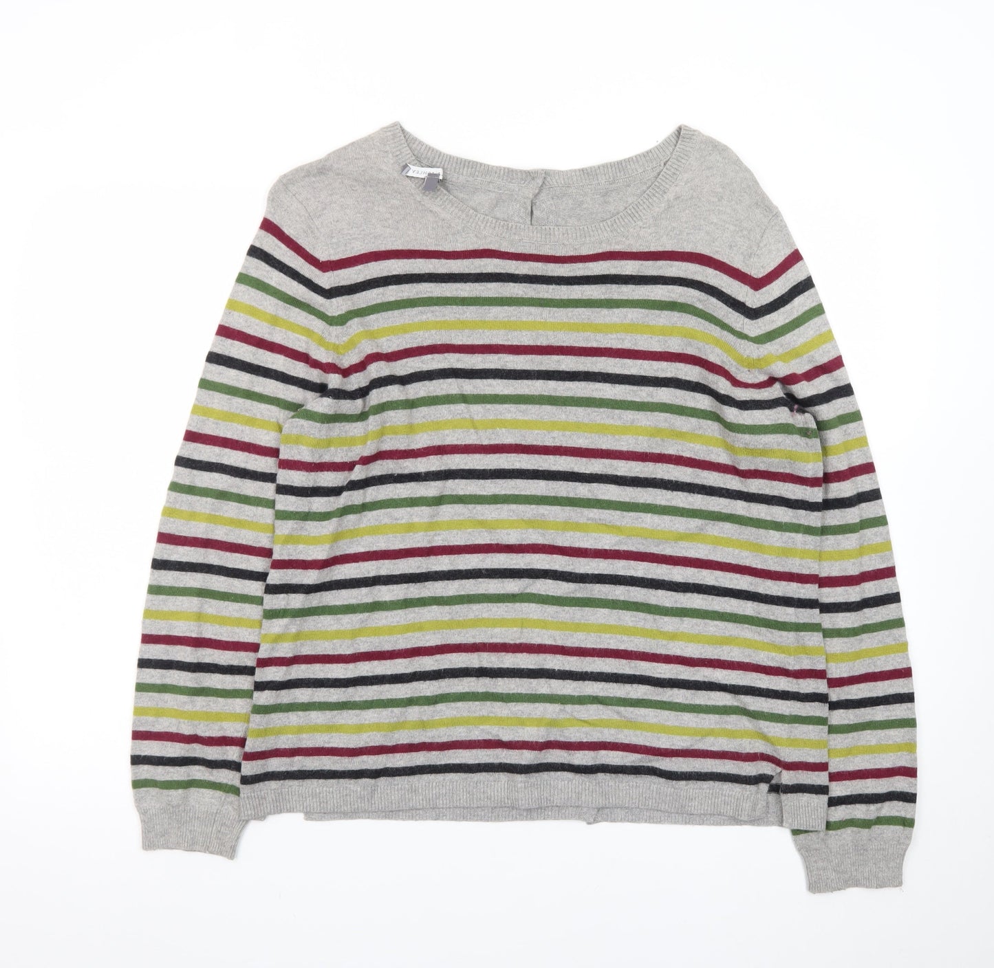 Laura Ashley Women Grey Striped Crew Neck Cotton Cashmere Cardigan Size 16