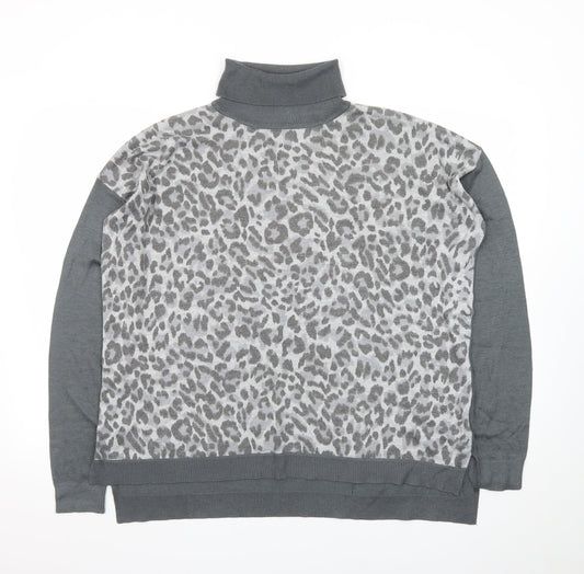Oasis Womens Grey Leopard Roll Neck Long Sleeve Jumper M