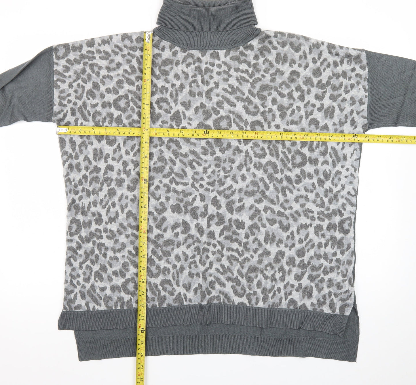 Oasis Womens Grey Leopard Roll Neck Long Sleeve Jumper M