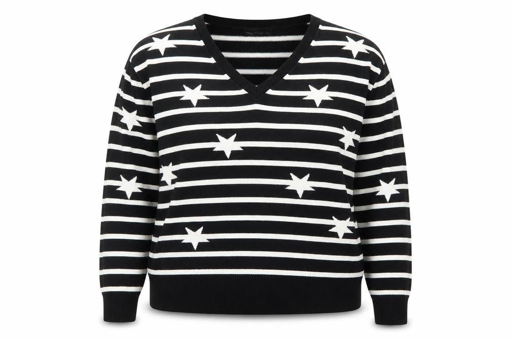 Marks & Spencer Women's Black V-Neck Star Stripe Jumper Size 16