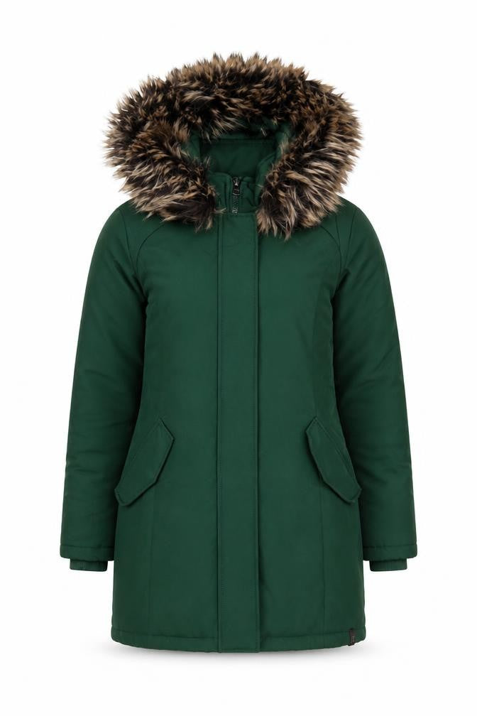 Front view of Only Women's Green Faux Fur Trim Hooded Parka Coat, size S