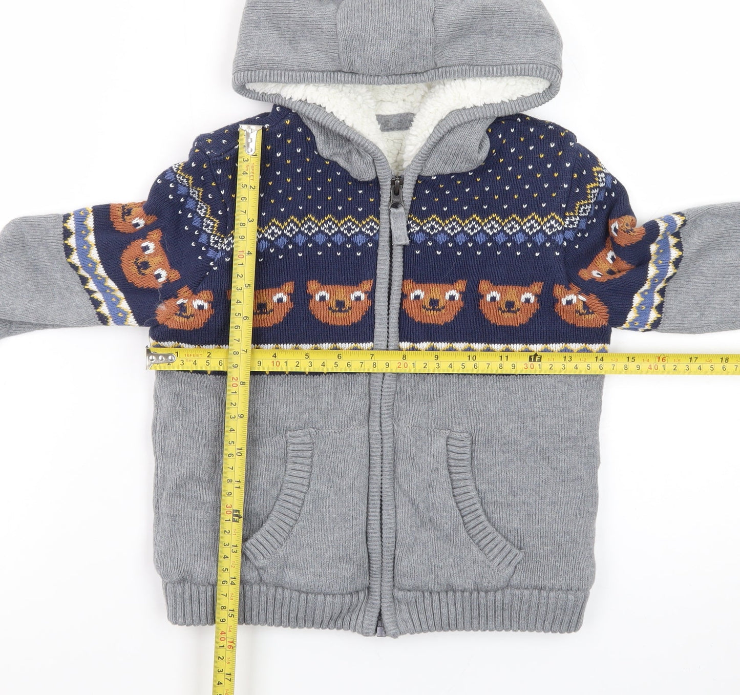 M&Co Boys Grey Full Zip Hooded Cardigan 4-5 Years Bear Fair Isle Knit