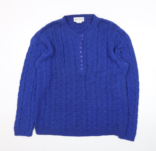 Principles Women's Blue Cotton Henley Jumper L Cable Knit Classic