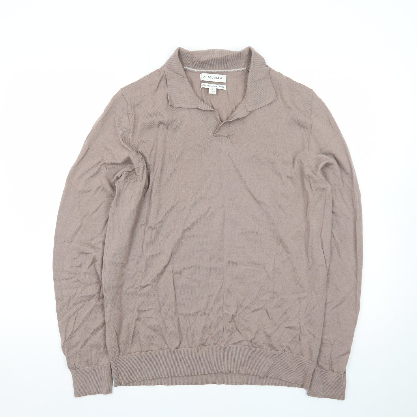 Marks and Spencer Men’s Beige Merino Wool Collared Pullover Jumper L