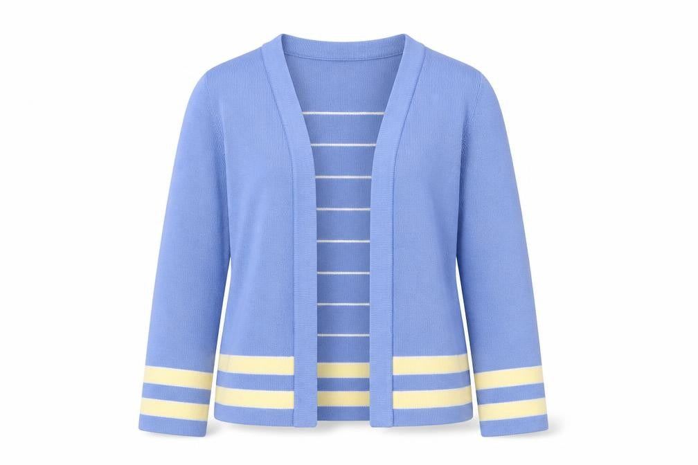 Front view of Honor Millburn women’s blue striped knit cardigan, size S, 10-12