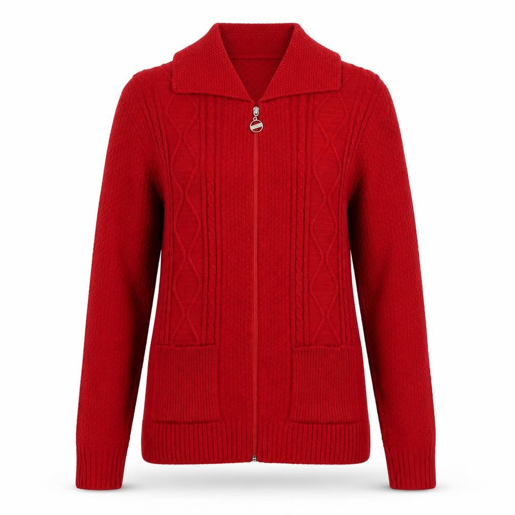 Glimpse Design Women's Red Full Zip Knitted Jumper M Collared Cable Knit