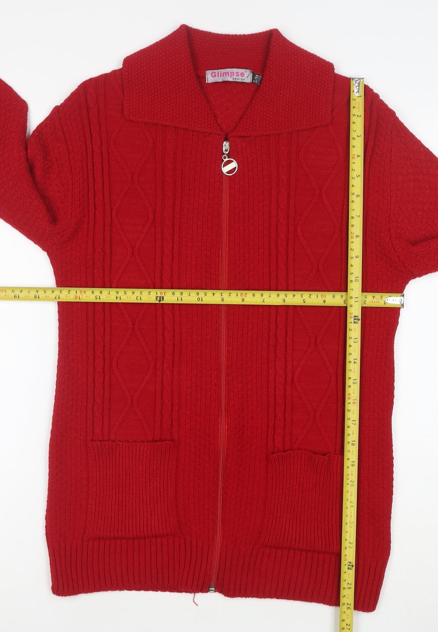 Glimpse Design Women's Red Full Zip Knitted Jumper M Collared Cable Knit