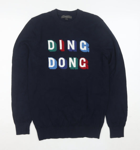 Marks and Spencer Men's Blue XS Graphic Cotton Pullover Jumper