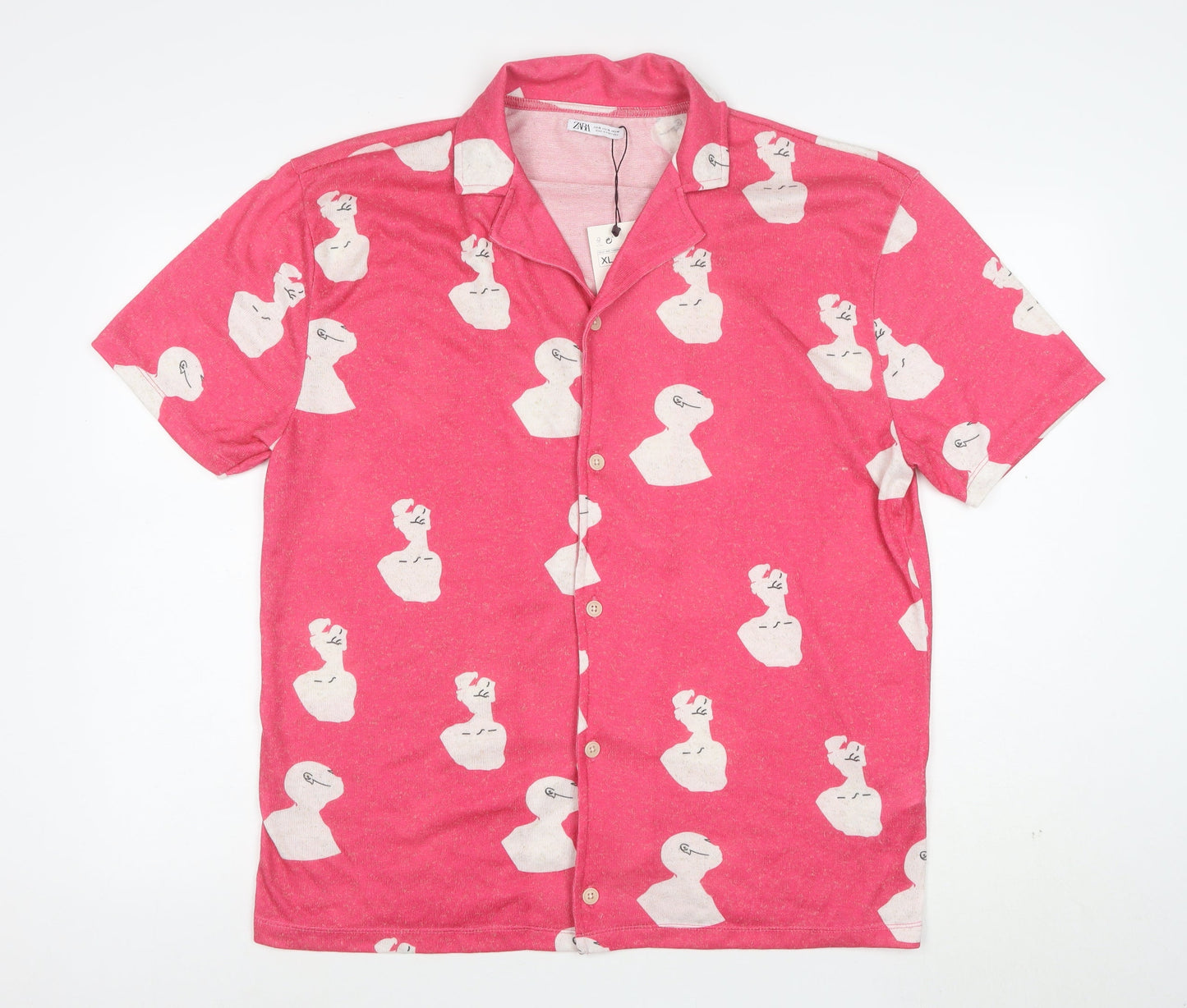 Zara Women Pink Art Print Collared Short Sleeve Nightshirt XL