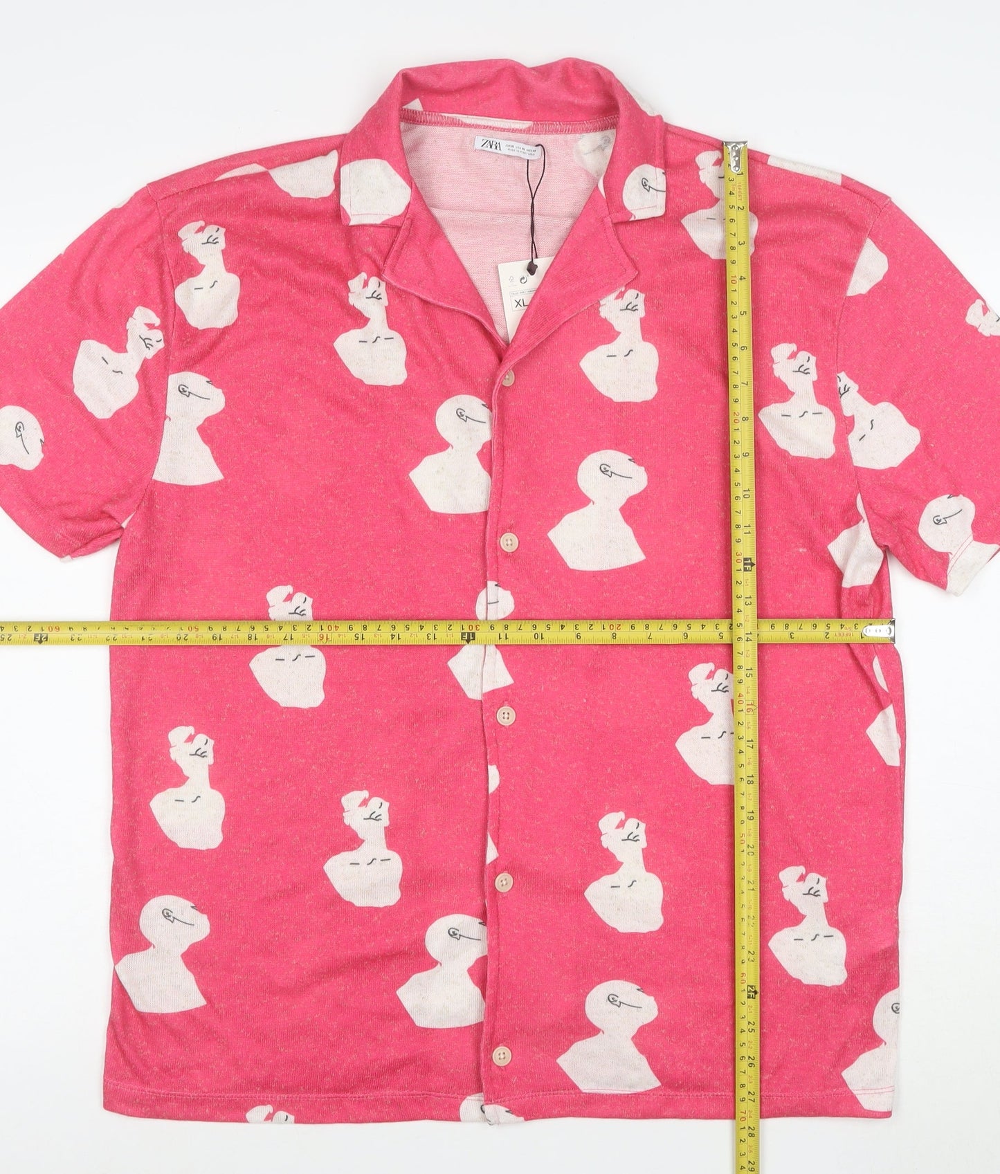 Zara Women Pink Art Print Collared Short Sleeve Nightshirt XL