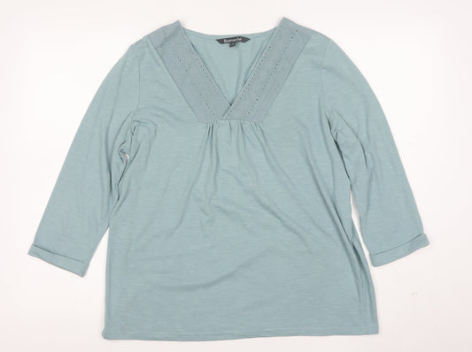 Bonmarché Women Blue Lace Trim V-Neck 3/4 Sleeve Tunic Blouse Size 16