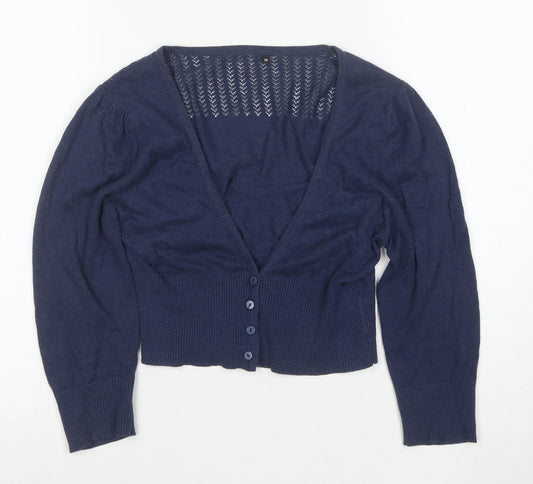 Initial Women's Blue Cropped Knit Button-Up Cardigan M