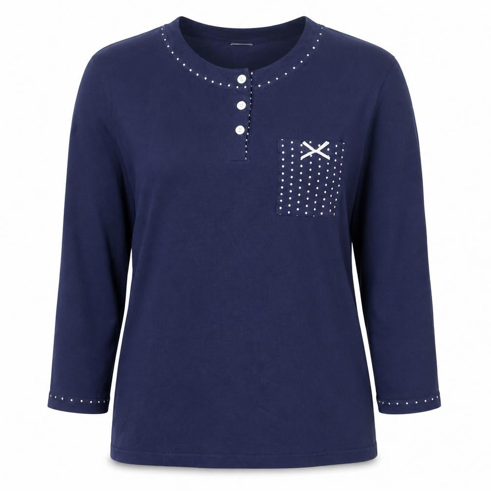 TamarT Women's Blue Cotton Long Sleeve Henley T-Shirt M