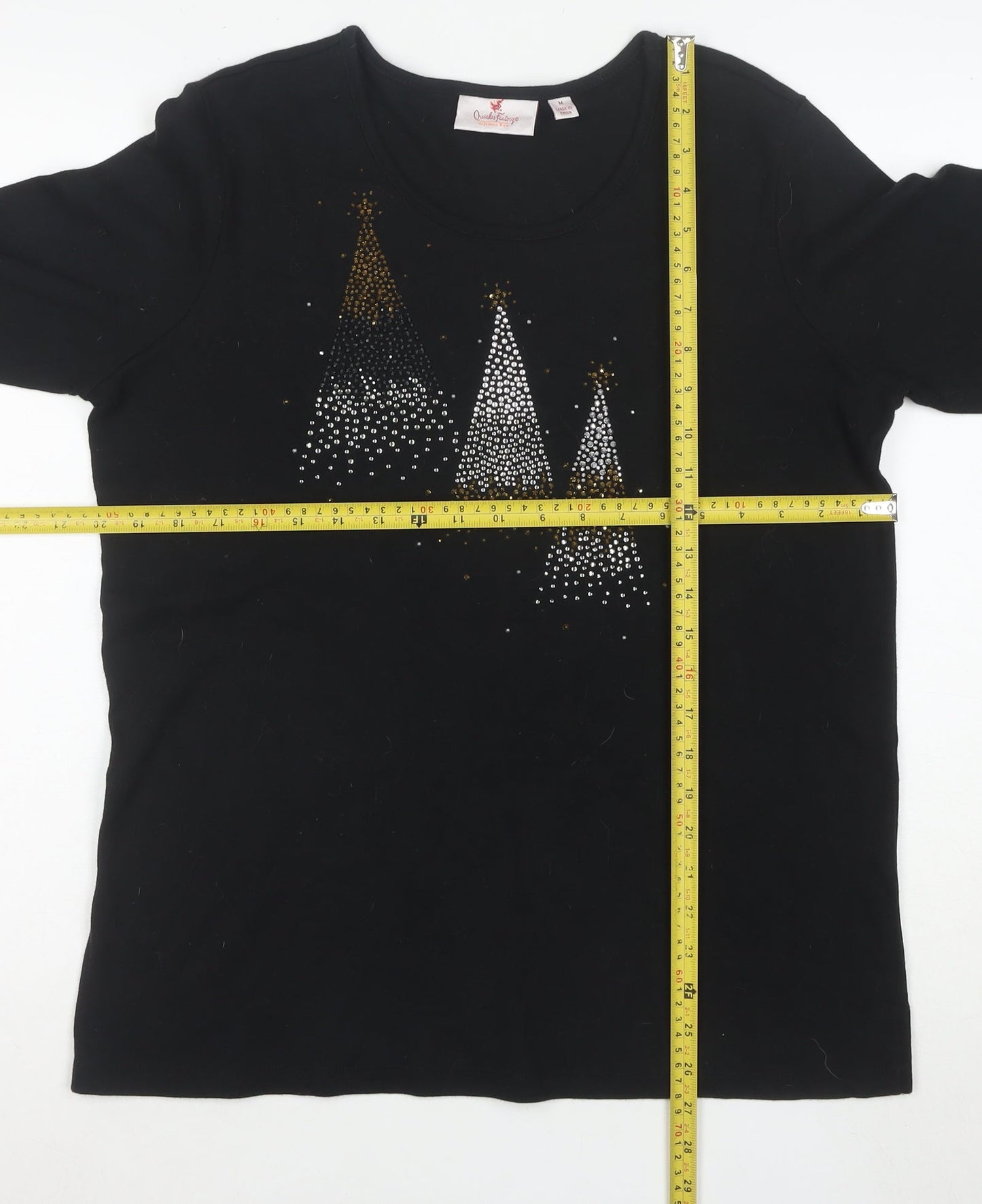 Quacker Factory Women's Black Rhinestone Christmas 3/4 Sleeve Cotton T-Shirt M
