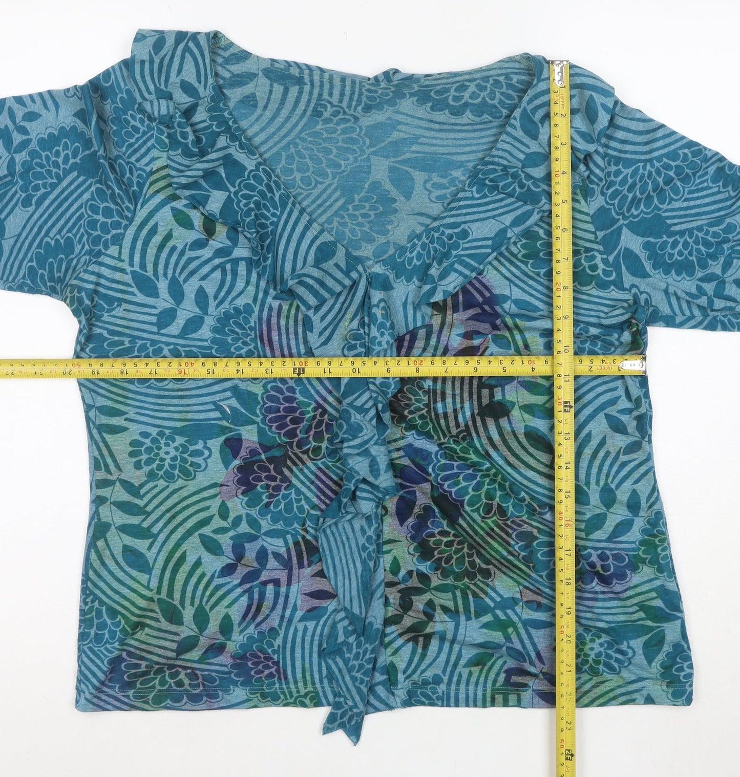 Marks and Spencer Per Una Blue Floral Ruffle 3/4 Sleeve Tunic Top Size 18