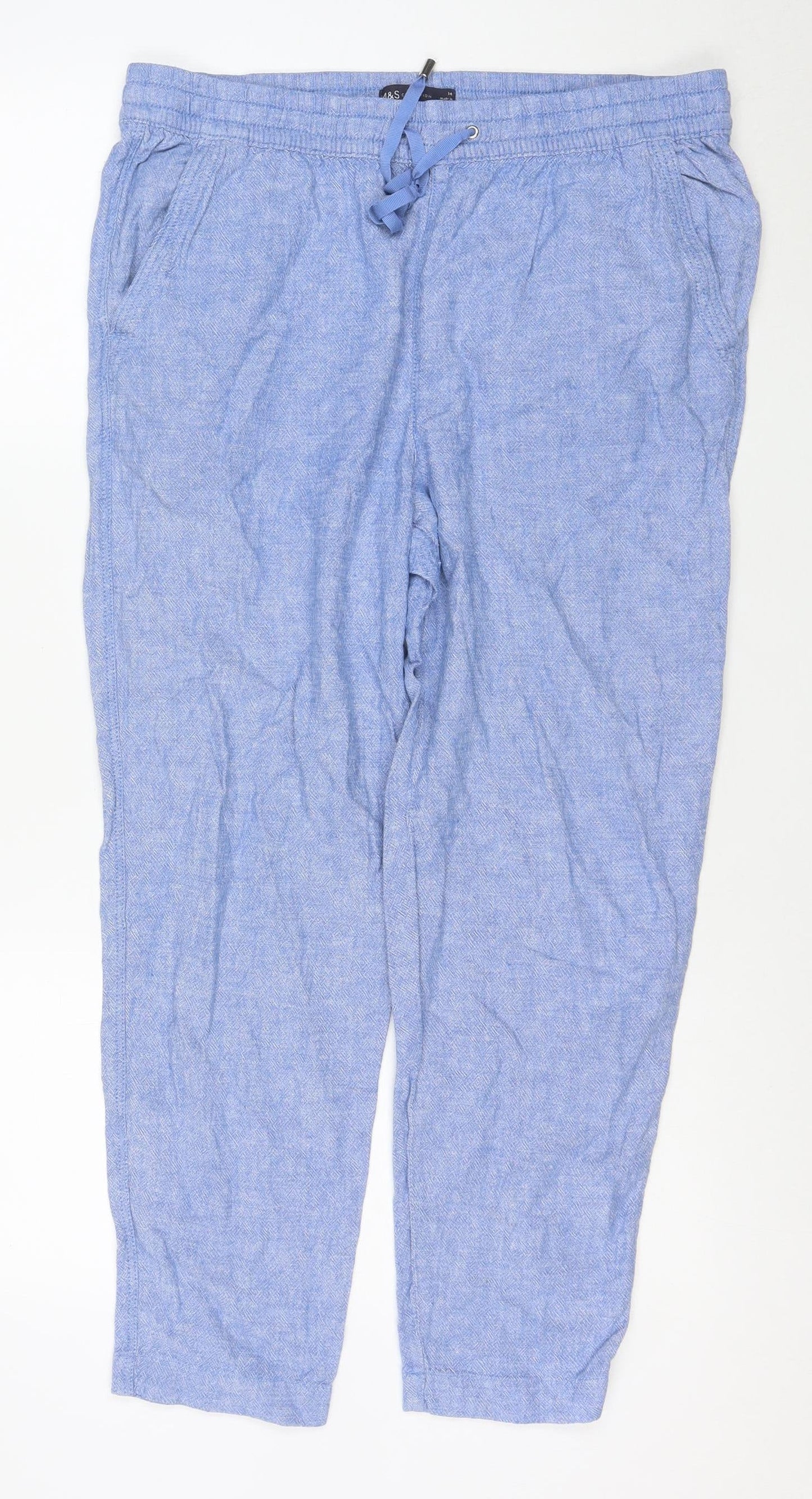 Marks and Spencer Women Blue Linen Blend Drawstring Jogger Trousers Size 14
