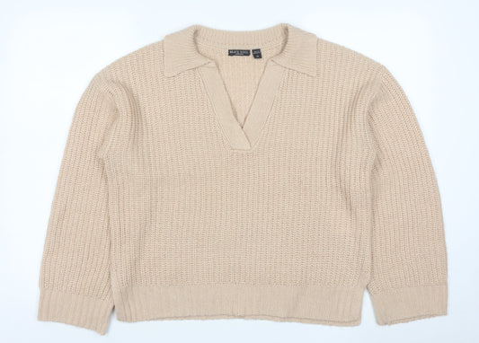 Brave Soul Women Beige Collared Chunky Knit Pullover Jumper Size 14