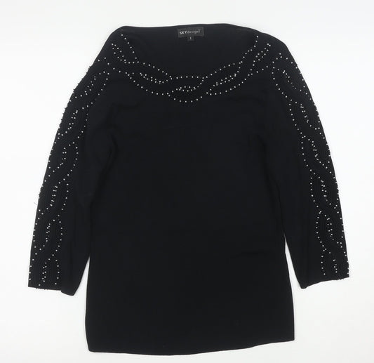 Sky Designs Women's Black Beaded Long Sleeve Tunic Blouse Size L