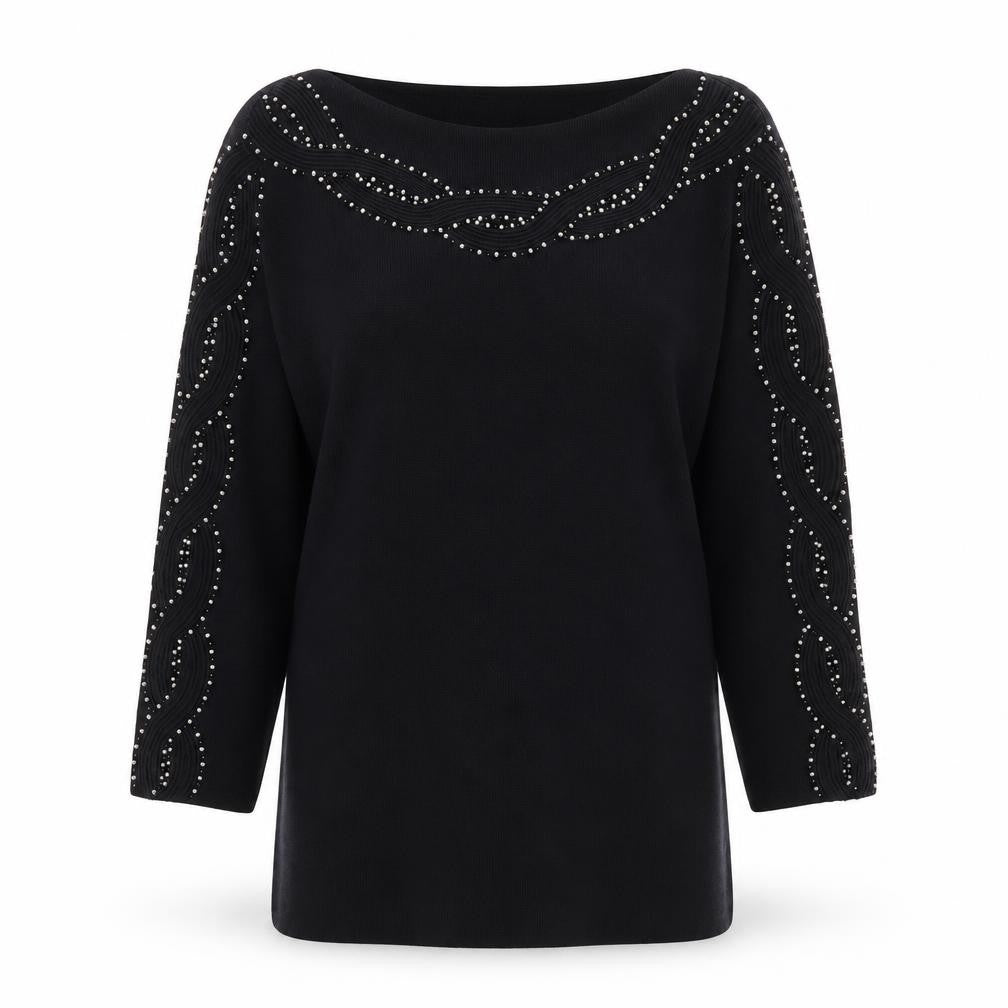 Sky Designs Women's Black Beaded Long Sleeve Tunic Blouse Size L