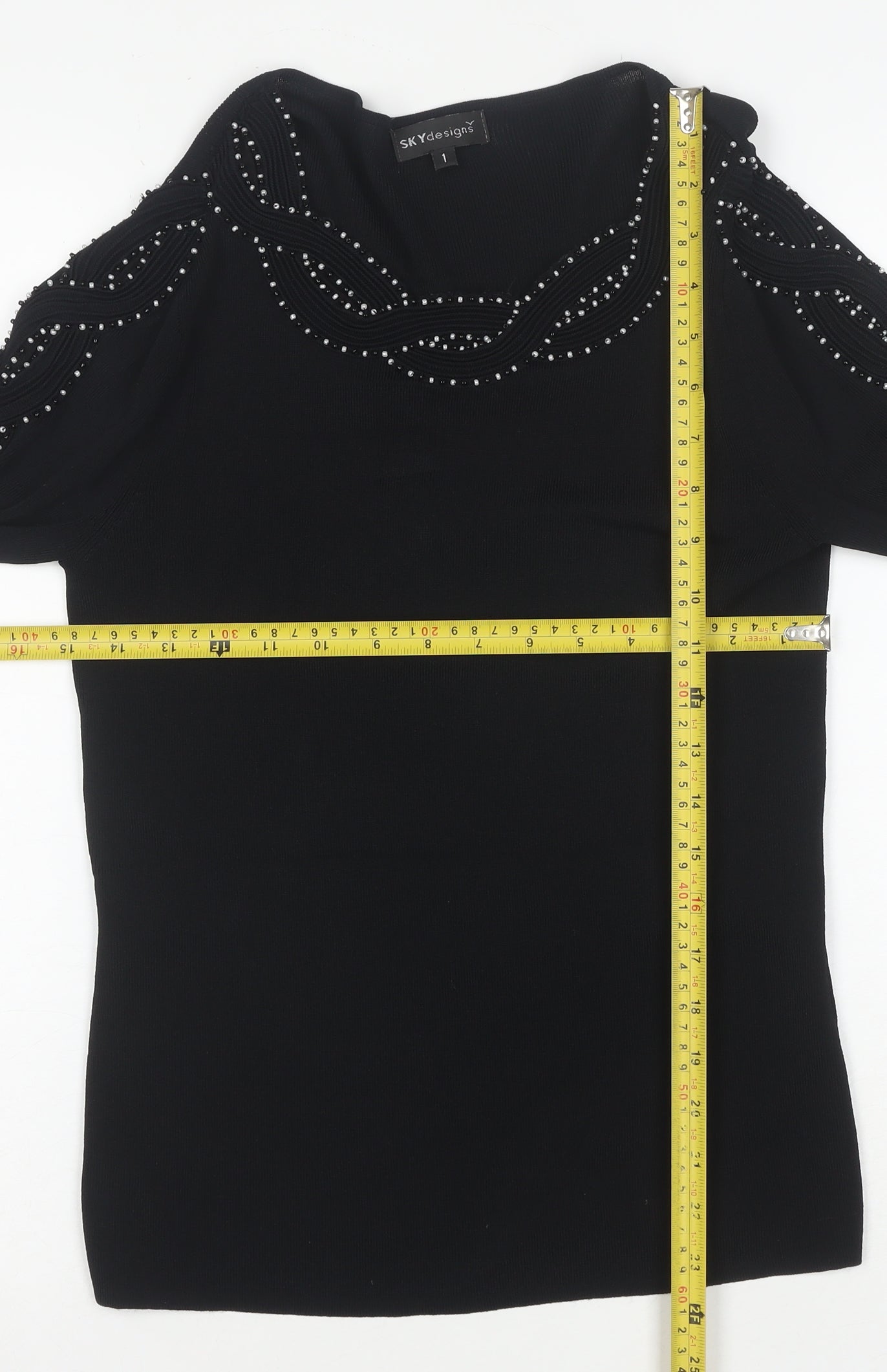 Sky Designs Women's Black Beaded Long Sleeve Tunic Blouse Size L