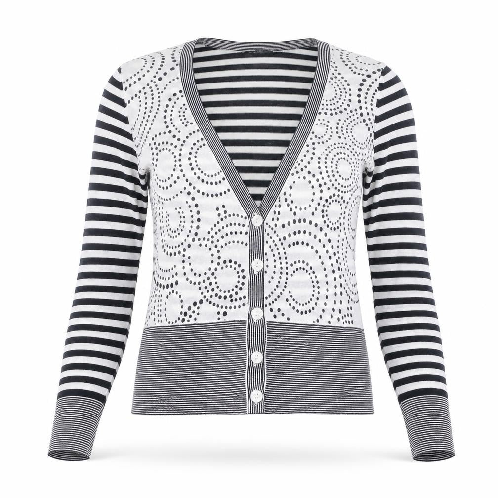 Linea Women’s Black White Striped V-Neck Button Cardigan M Cotton