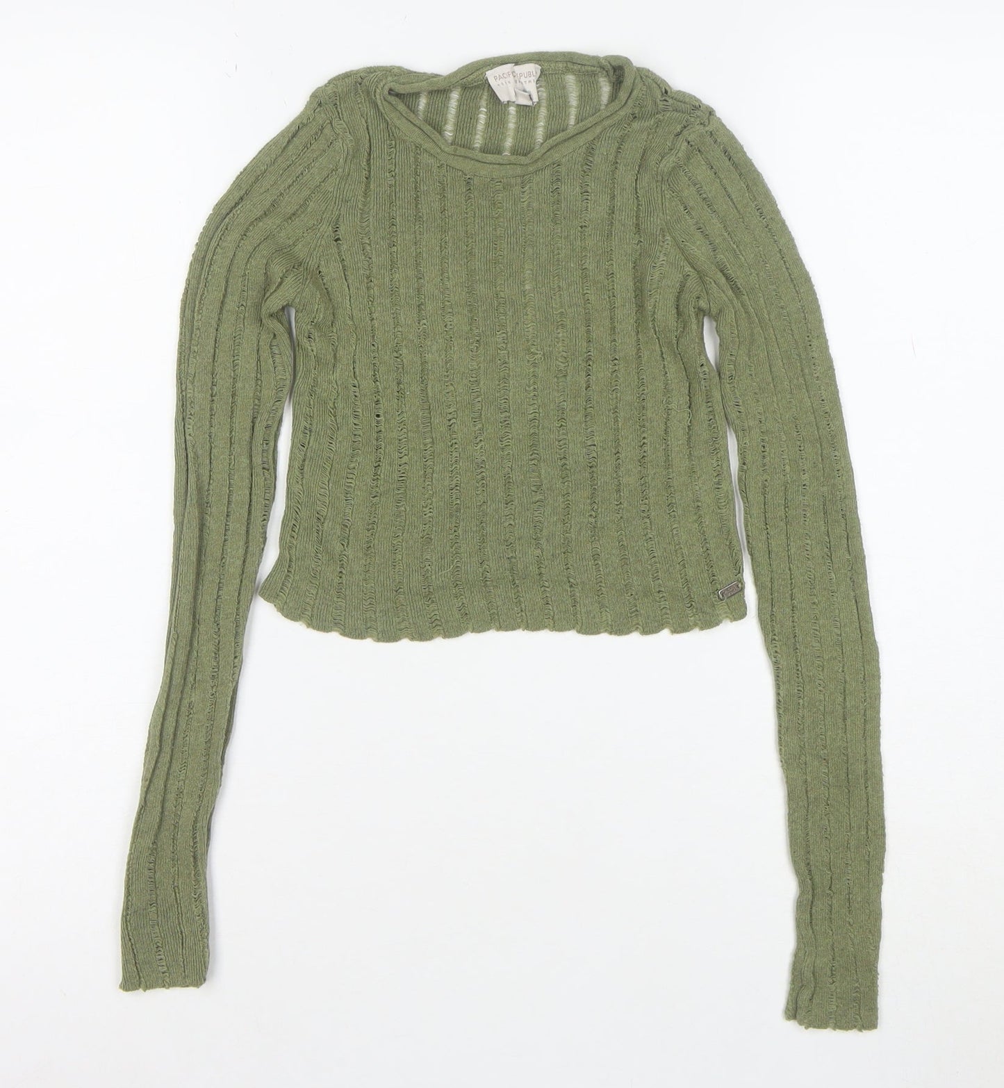 Pull&Bear Teens Green Cropped Knit Long Sleeve T-Shirt XS