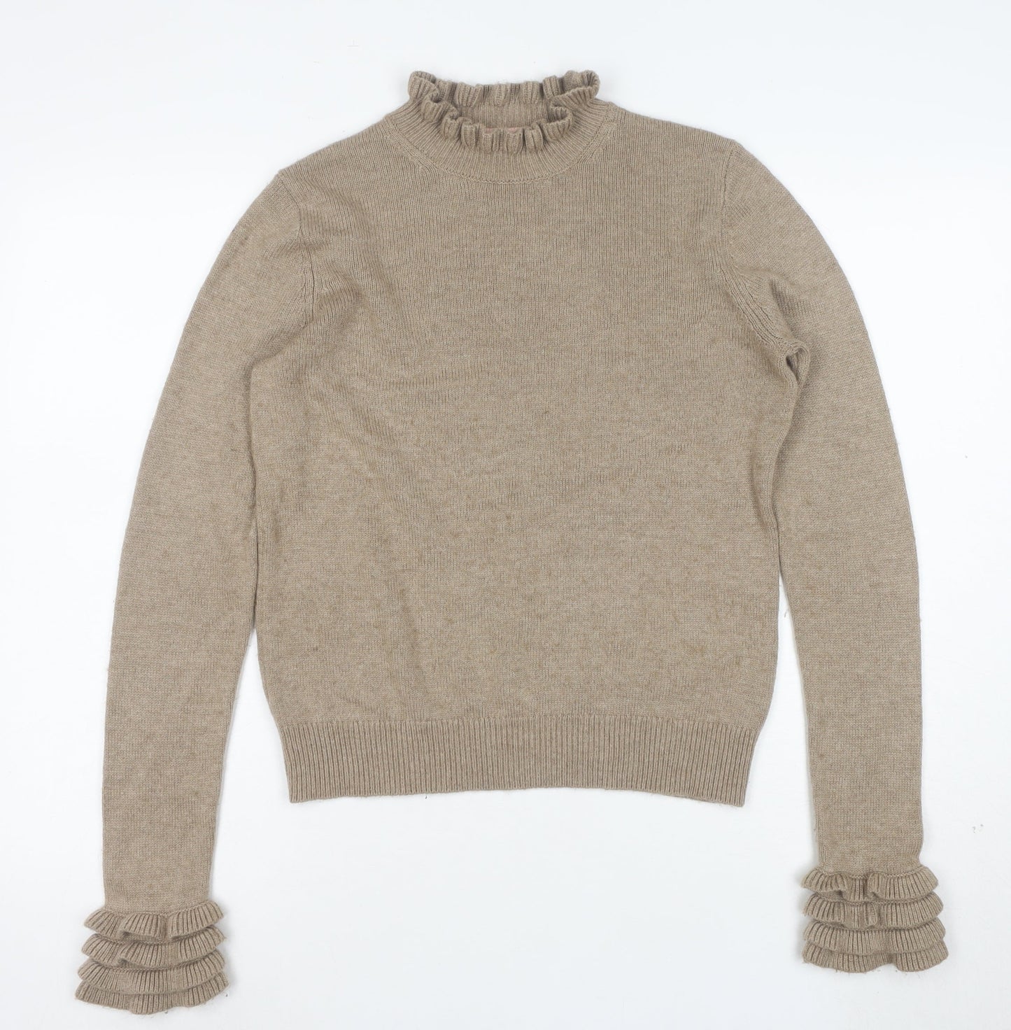 Boden Women’s Beige High Neck Ruffle Wool Blend Jumper XS