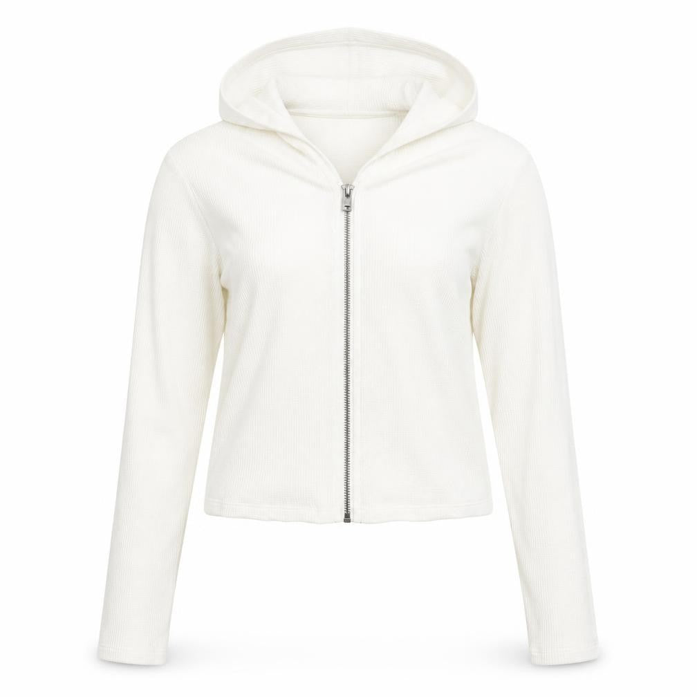Hollister Women's White Full Zip Hoodie Medium Waffle Knit Cotton Blend