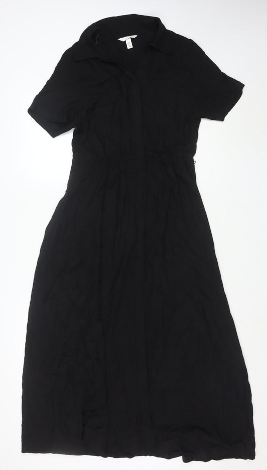 H&M Women Black Viscose Midi Dress Short Sleeve Fit & Flare Size 10