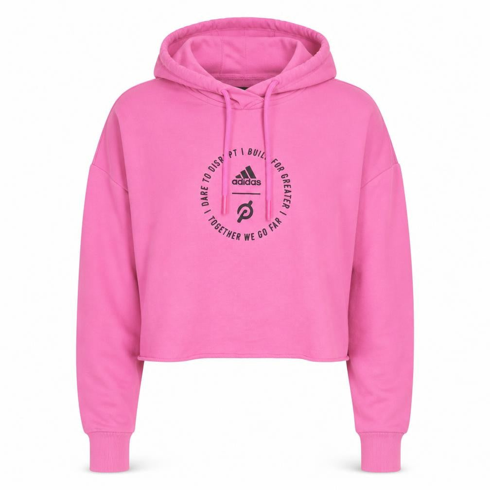 Front view of Adidas Women Pink Cropped Hoodie, size 12, Graphic Print Pullover