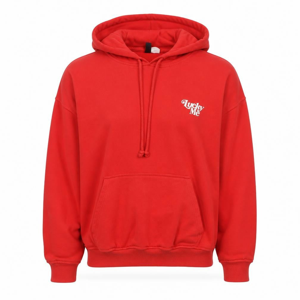 H&M Divided Red Pullover Hoodie Women M Lucky Me Print Cotton Blend