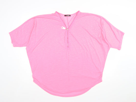 Quiz Womens Pink Rhinestone Zip V-Neck Short Sleeve Relaxed T-Shirt M