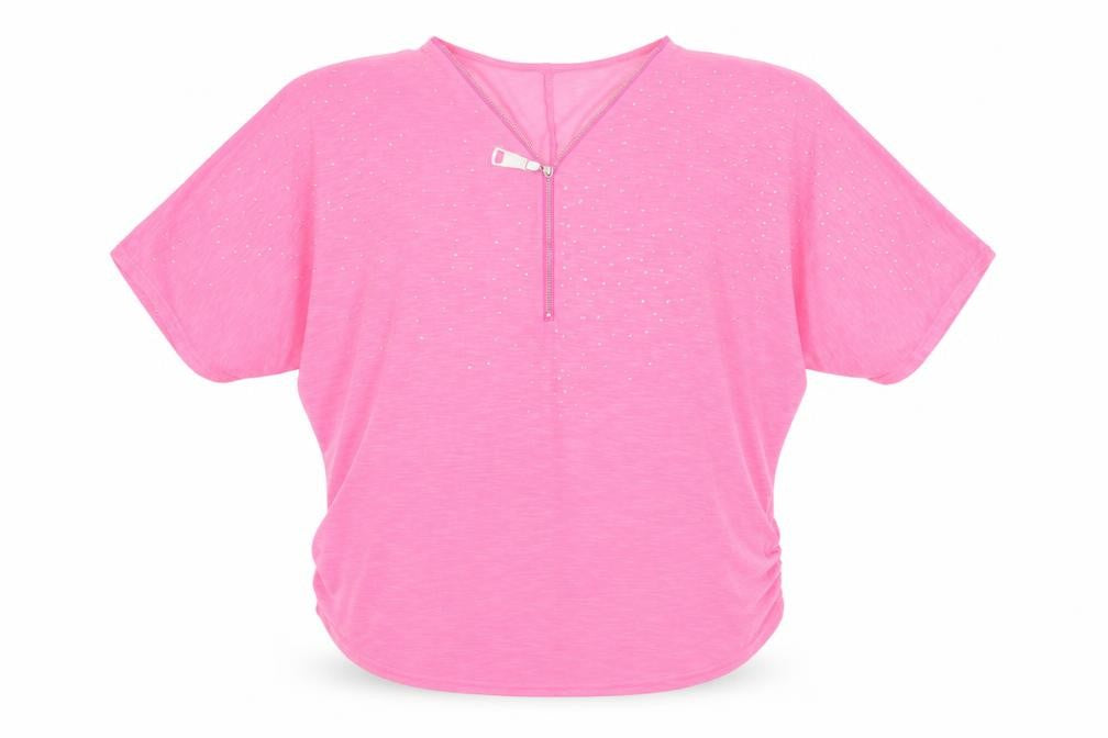 Quiz Womens Pink Rhinestone Zip V-Neck Short Sleeve Relaxed T-Shirt M