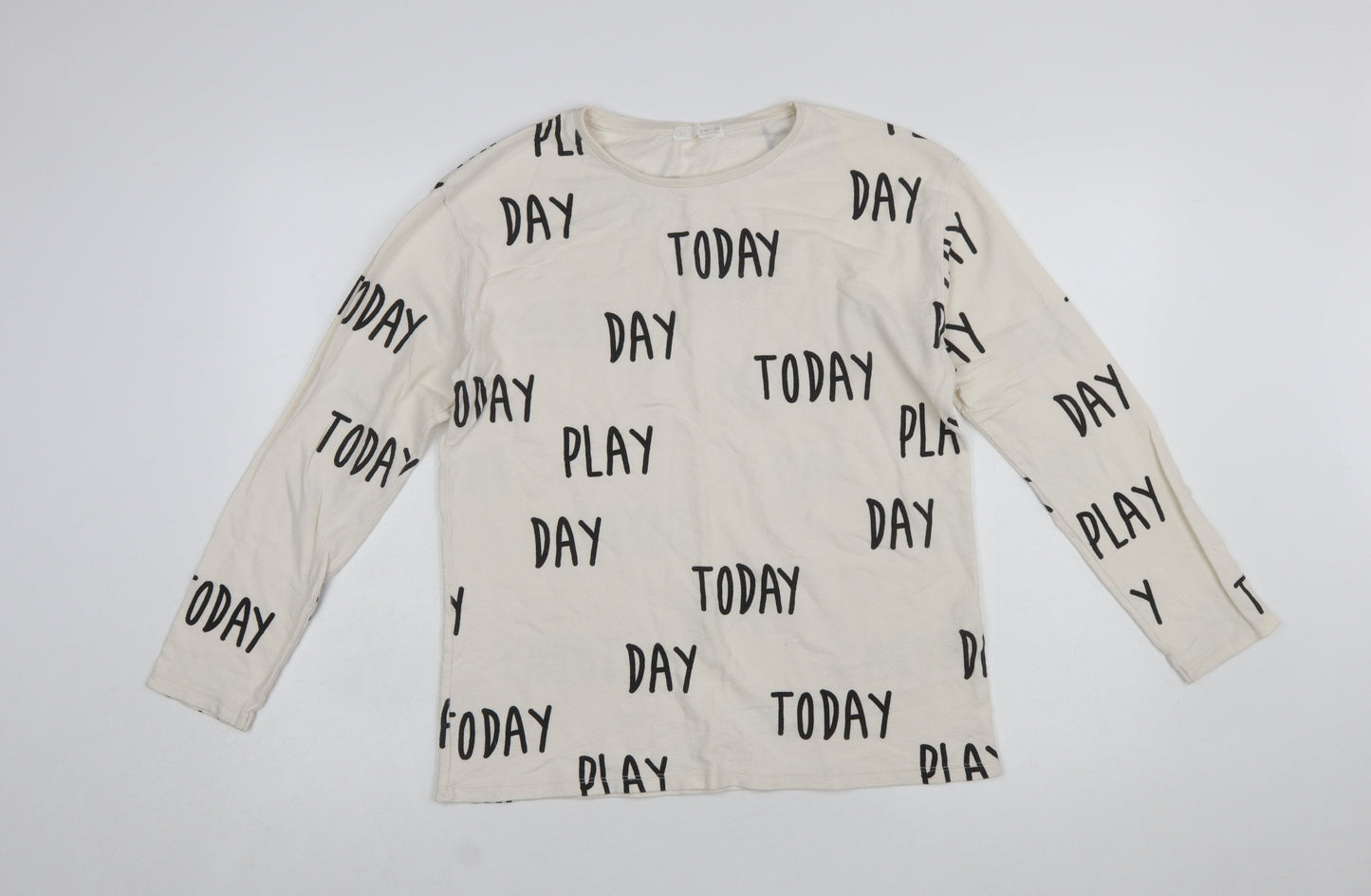 Zara Girls Ivory Long Sleeve 'Play Today' Cotton T-Shirt 11-12 Years