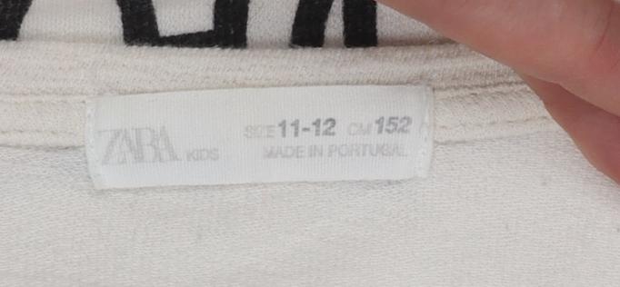 Zara Girls Ivory Long Sleeve 'Play Today' Cotton T-Shirt 11-12 Years