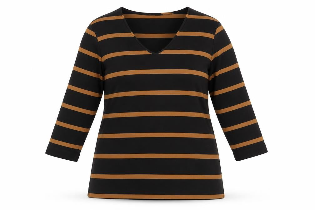 Marks & Spencer Women’s Black Brown Striped V-Neck Jersey Top Size 14