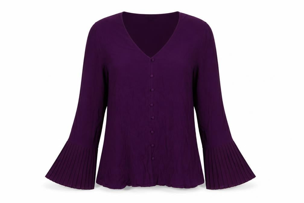 Massimo Dutti Womens Purple V-Neck Pleated Cuff Tunic Blouse XL