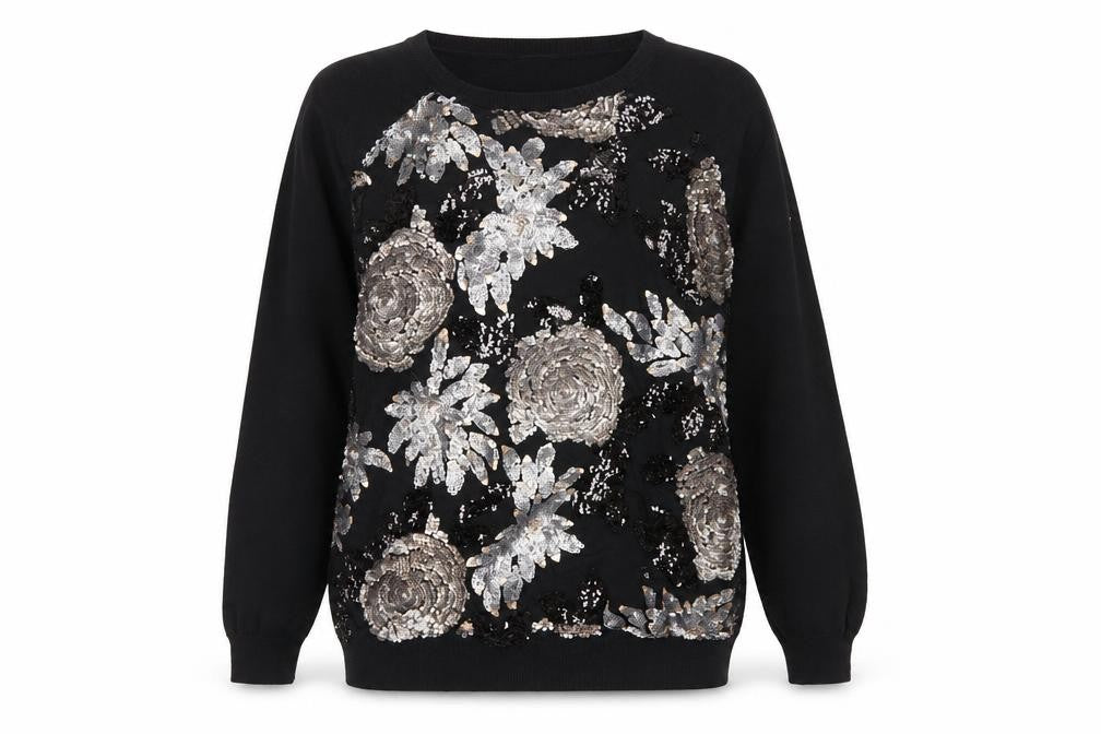 F&F Women's Black Sequin Floral Pullover Jumper Size 14