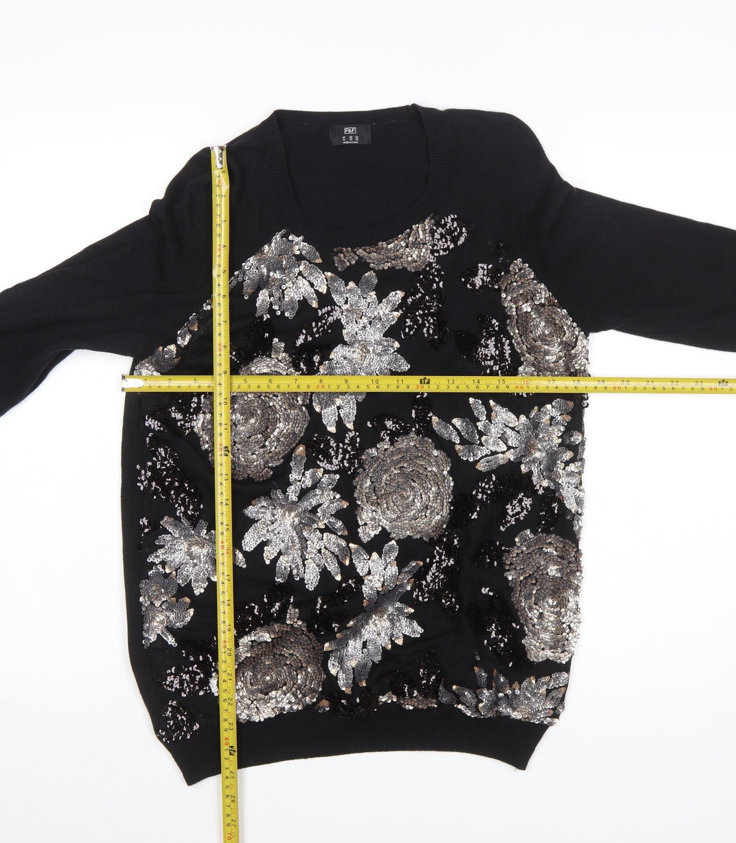 F&F Women's Black Sequin Floral Pullover Jumper Size 14
