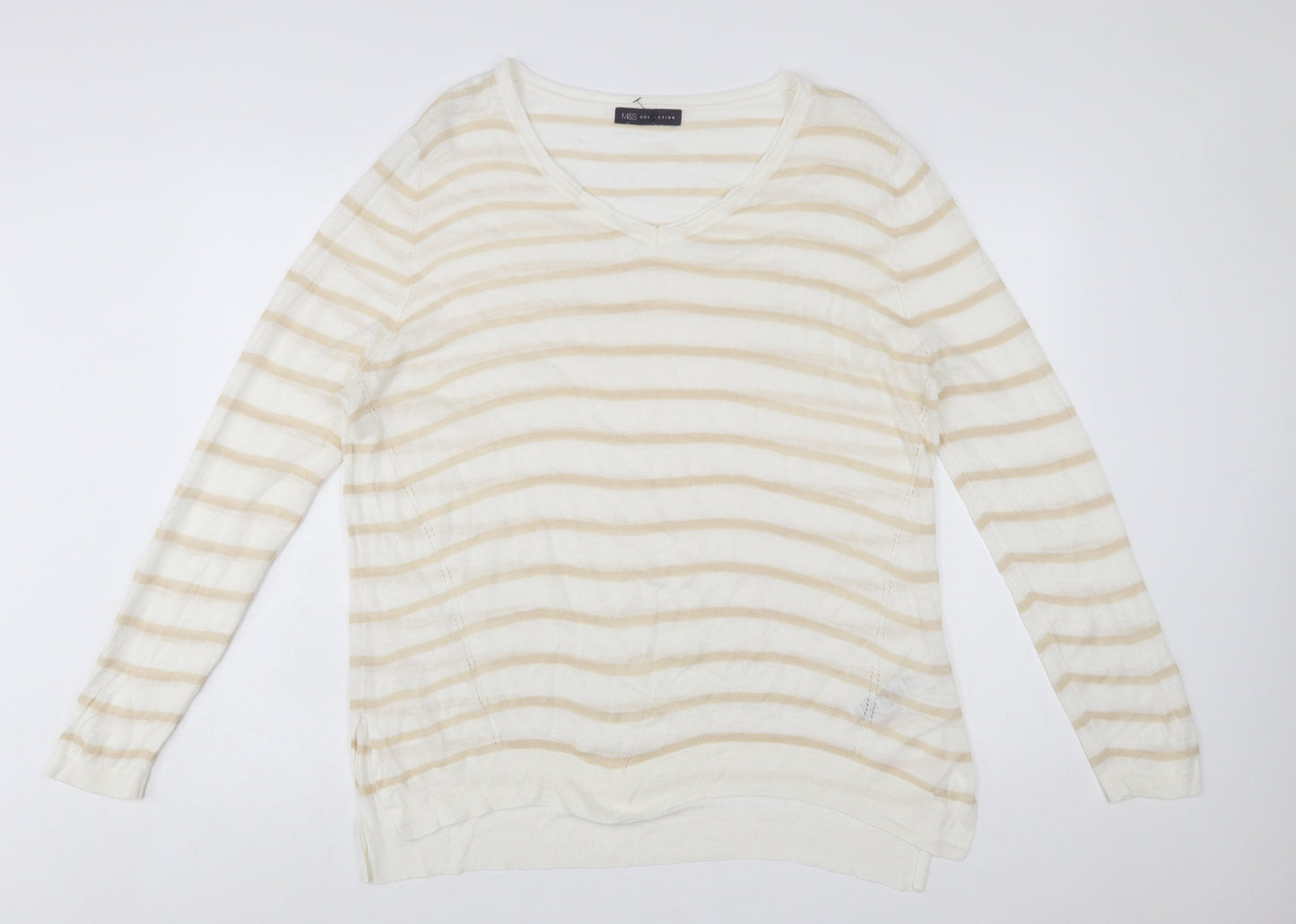 Marks and Spencer Women Beige Striped V-Neck Pullover Jumper Size 20