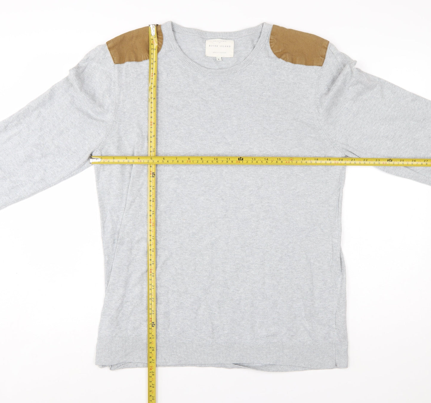 River Island Men's Grey Cotton Pullover Jumper Size L with Shoulder Patches
