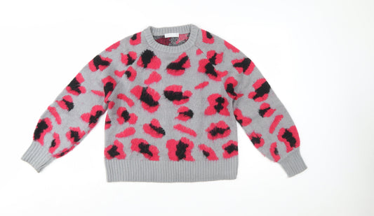 Red Herring Women Grey Pink Animal Print Pullover Jumper Size 12-14