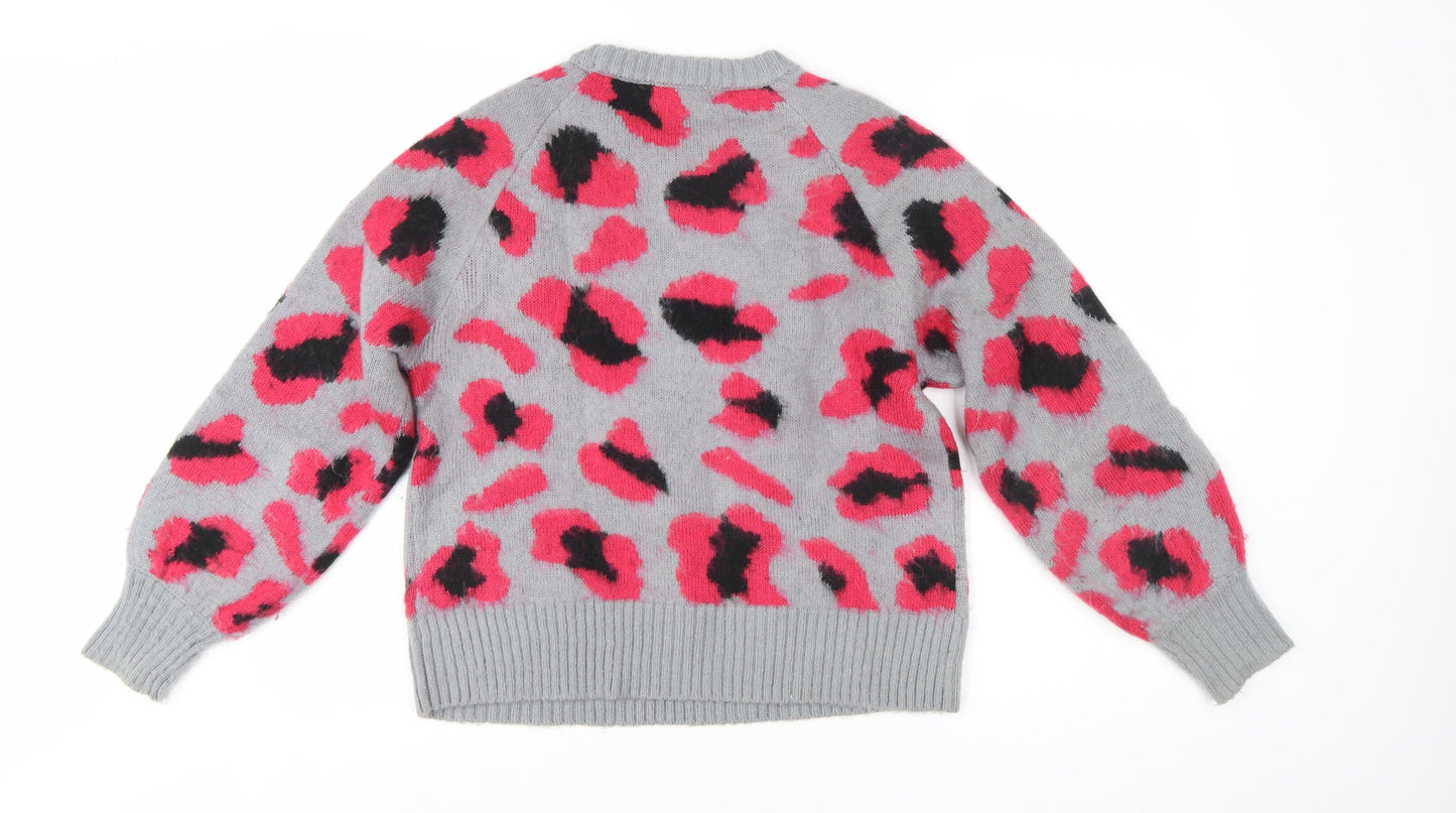 Red Herring Women Grey Pink Animal Print Pullover Jumper Size 12-14